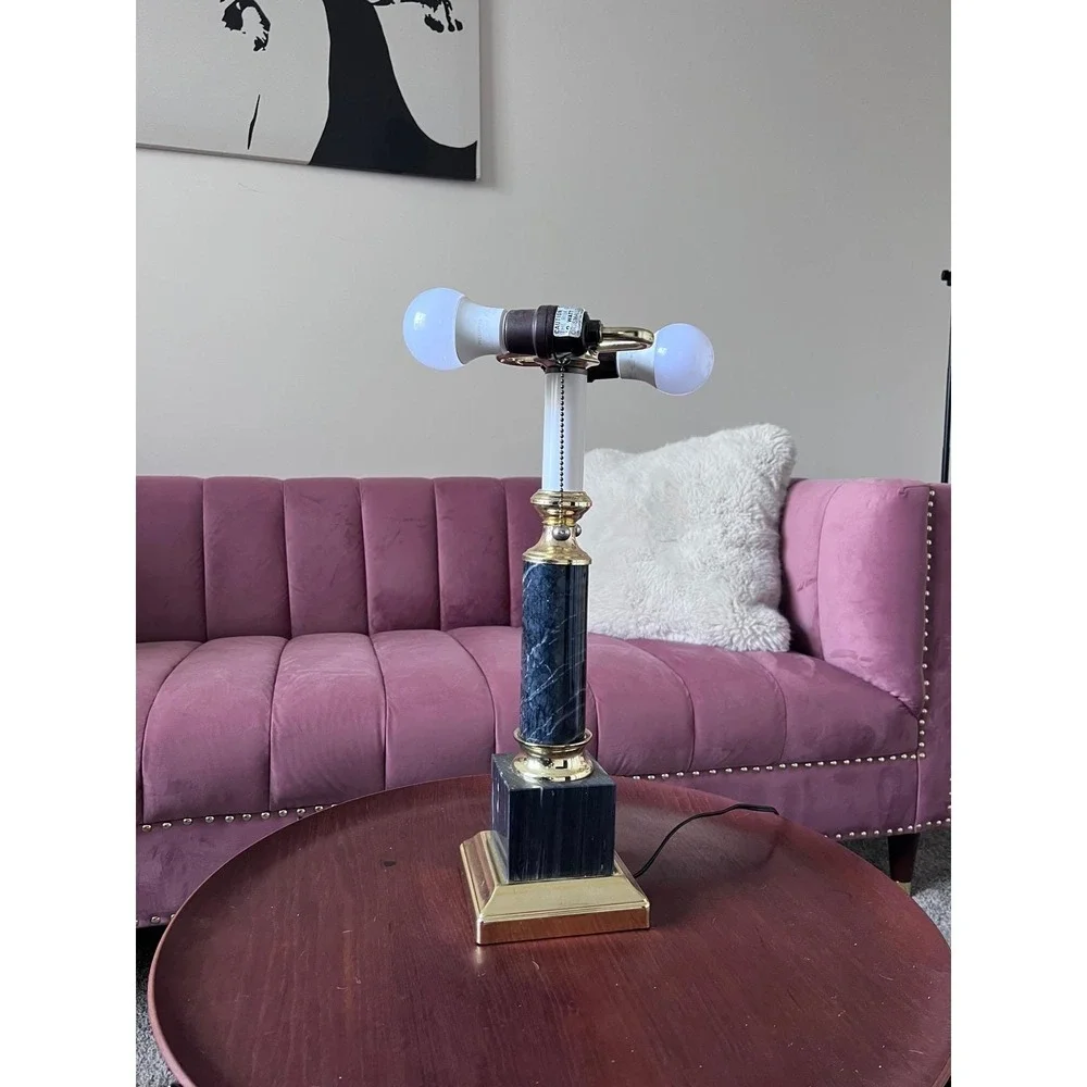 Vintage Marble and Brass Table Lamp Dual Pull Hollywood Regency Neoclassical
